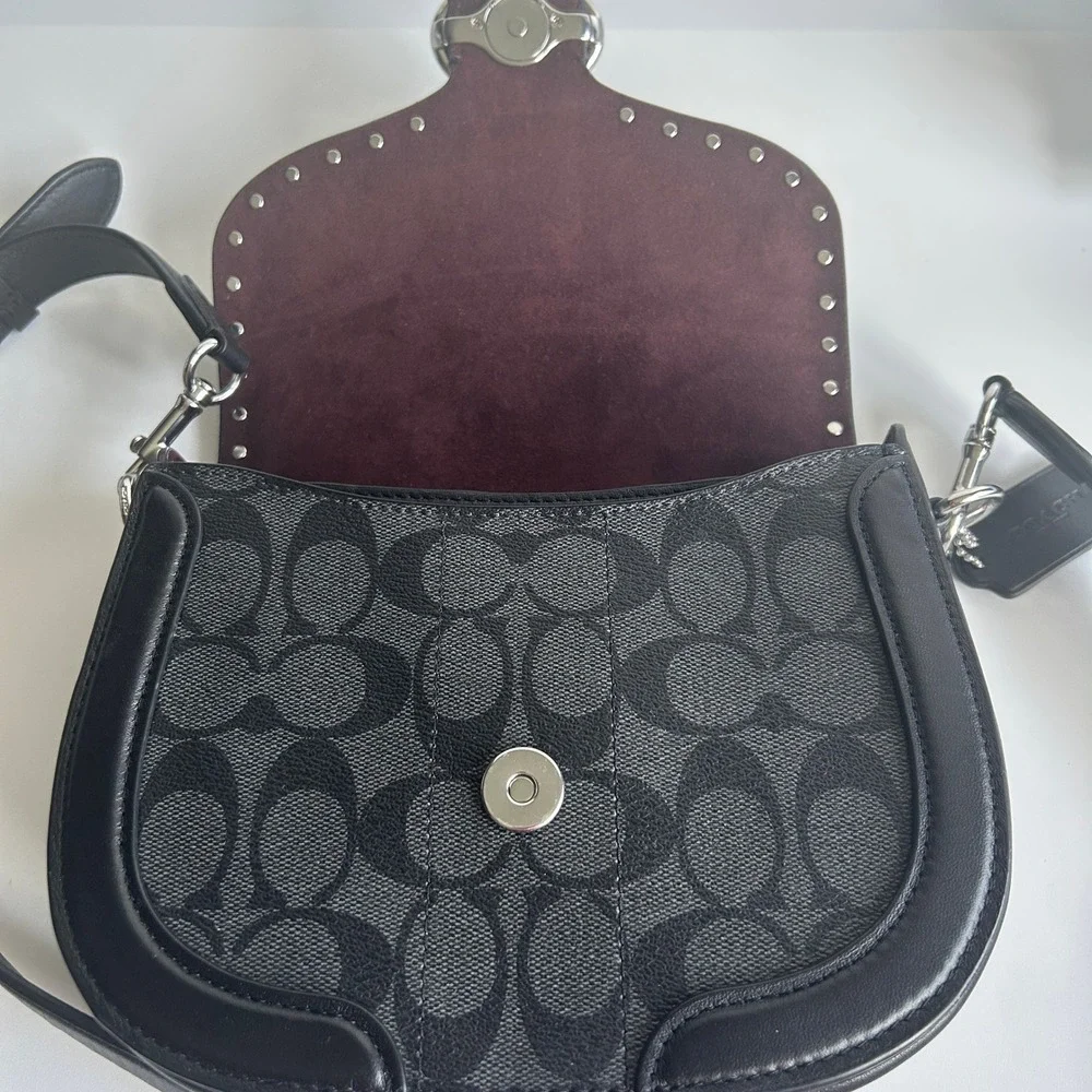 Coach Georgie Saddle Bag Black Colorblock Canvas Leather Rivets C3593